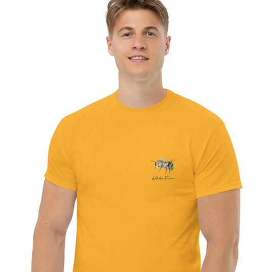 Indigo Pollinator Blue-Banded Bee Tee, 100% cotton, gold color, front view
