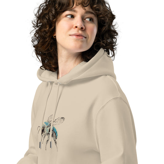 Azure Guardian Blue Calamintha Bee Hoodie, organic cotton, desert dust color, left front view